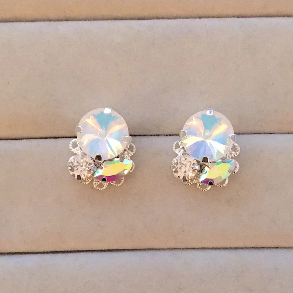 White Opal Aurora Borealis + Silver Mixed Crystal Filigree Statement Earrings